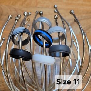 7 Pack - Silicone Wedding Bands Size 11- Black, Gray, White, Blue Accent
